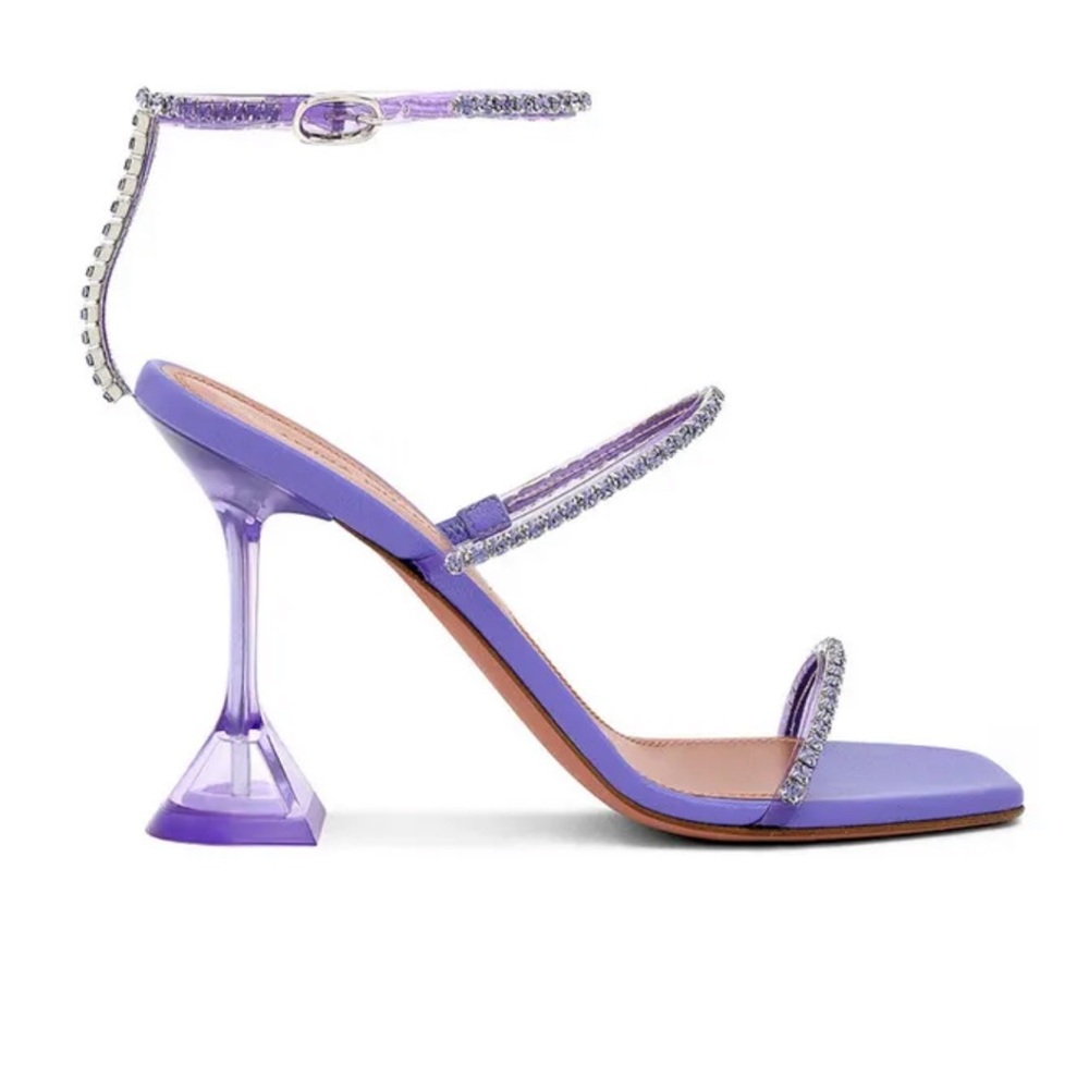 Amina Muaddi Gilda Glass Lilac Strappy Heels With Rhinestone Accents